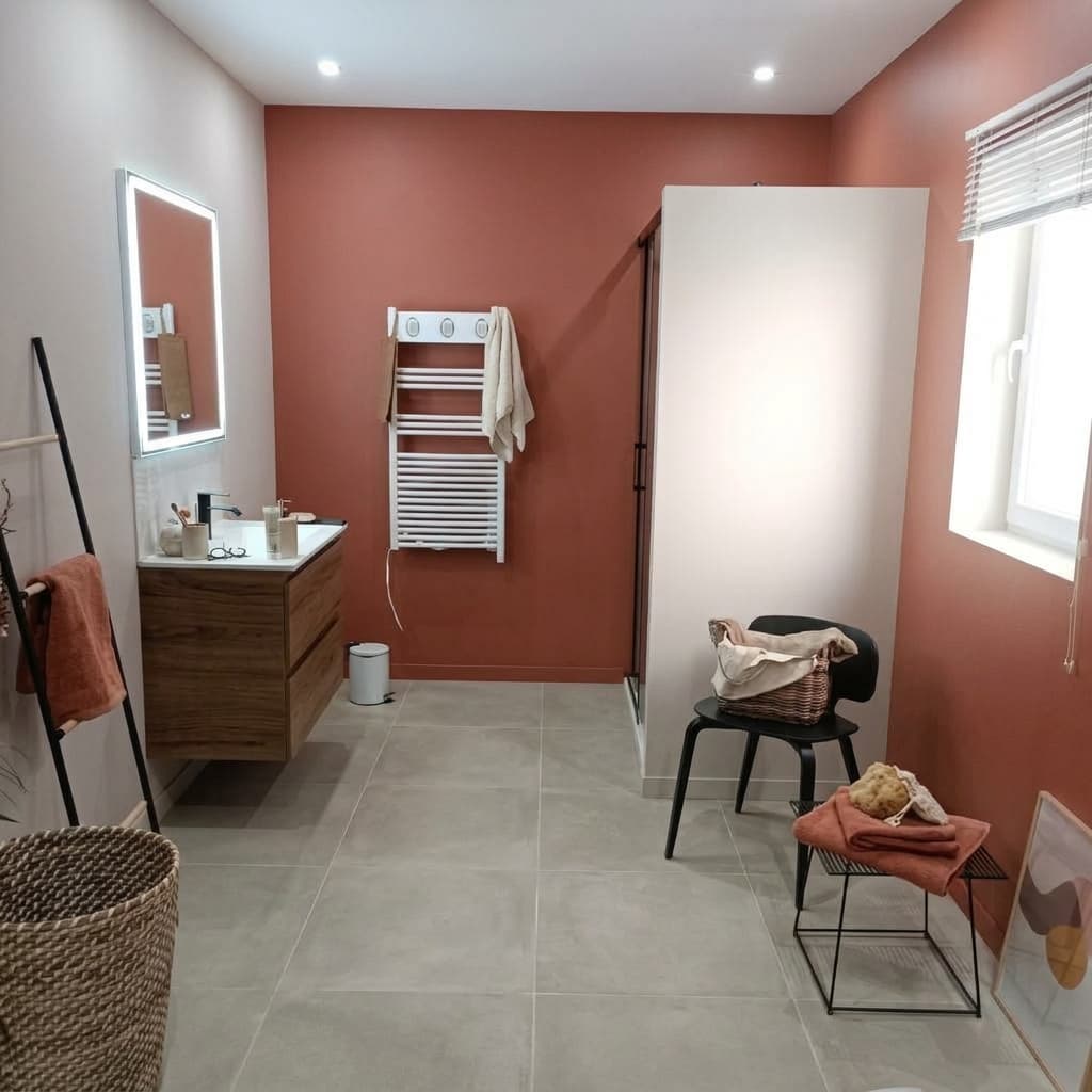 Salle de bain avec mur terracotta et meuble en bois