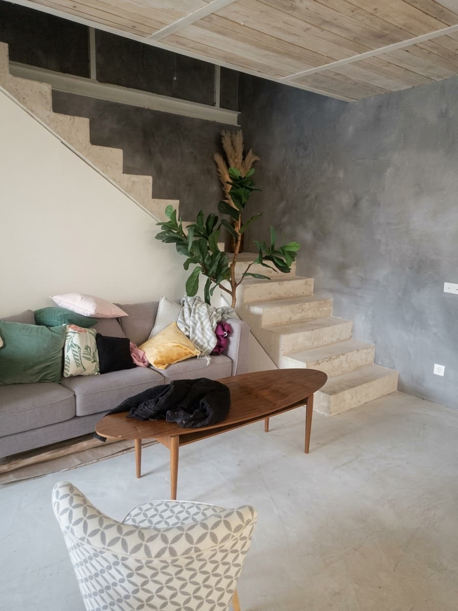 Salon sous l'escalier avec mur effet béton et plantes
